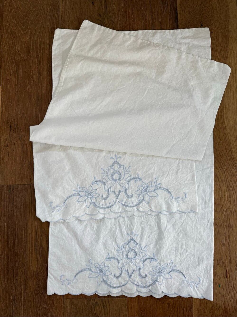 2 Vintage Queen Size Pillowcases Blue Edged Battenburg Lace Detail Scalloped End